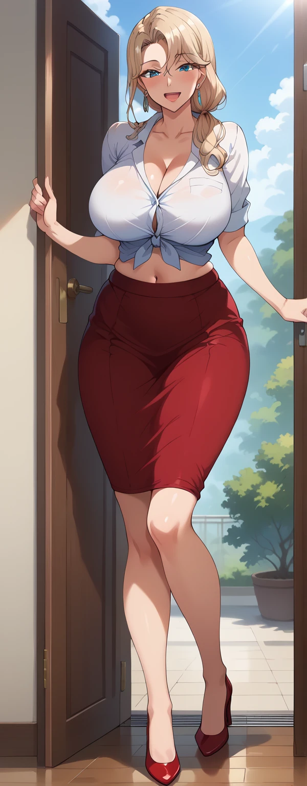 36 yr old, wearing braless thin t shirt, open tummy, micro skirt, erotic eye, busty, standing near door, without shoes