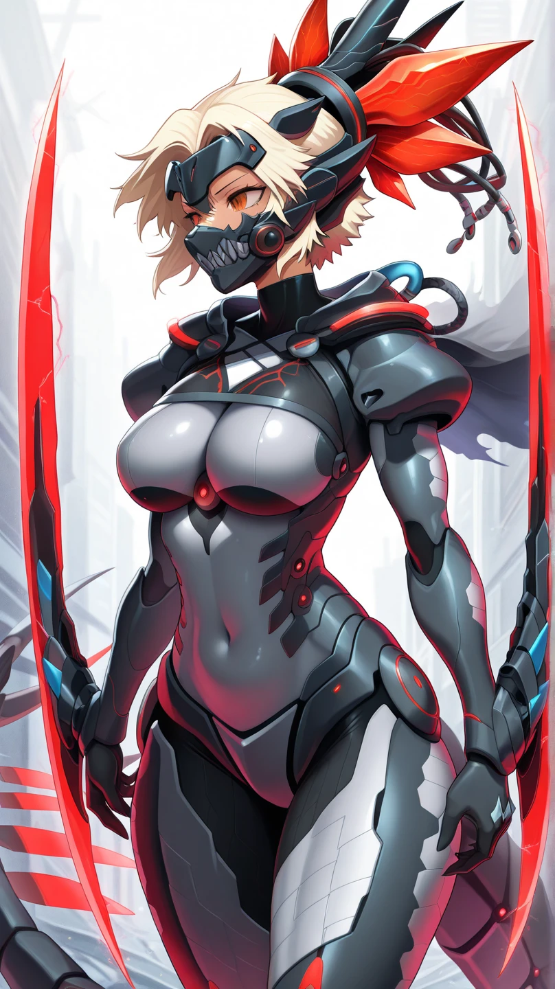 masterpiece, cyborgirl, 1girl, solo, (atomic heart twins), large breasts, breast press, braid hair, blonde hair, robot girls, faceless, no face, cyborg female, fullbody: 1.2, metal body, robot body, human limbs, ((black bodysuit, covered body)), thick legs, legs apart, wide hips, narrow waist, (double v sign), peace sign, cinematic, dynamic pose, (simple gray background), fullbody view, absurdres