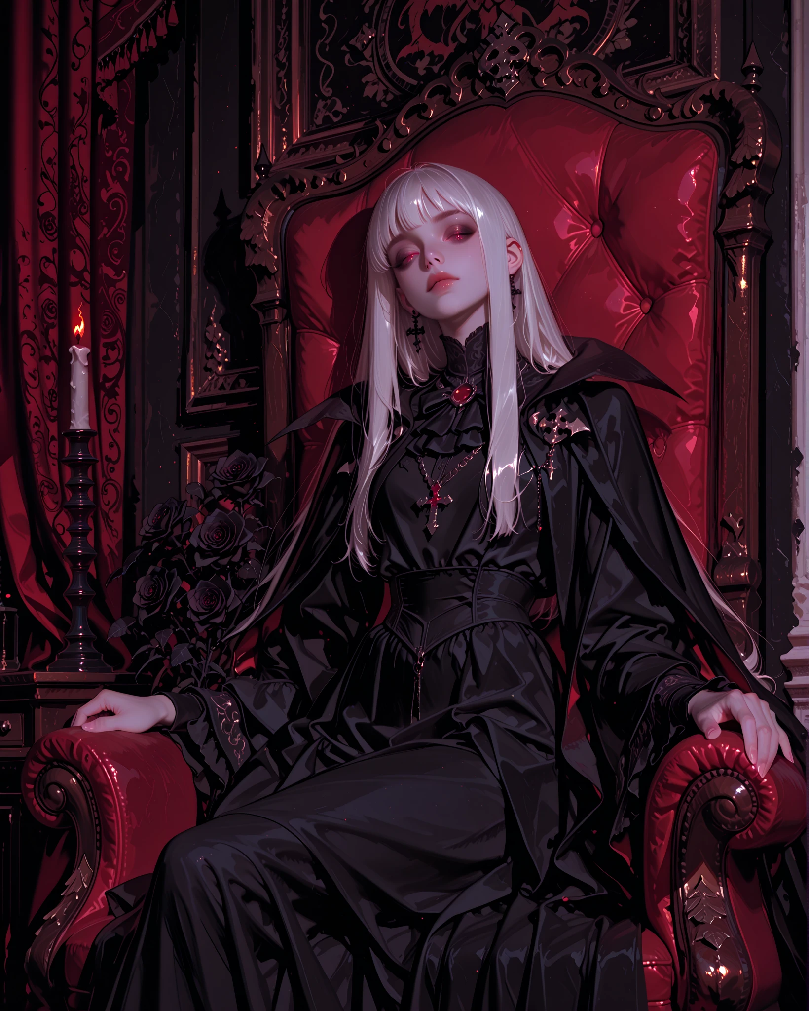 Caucasion, female vampire, albino, pale, Realistic,1 Punk in Goth Costume and Goth Devil Girl,Pale,Sexy,skulls and lit candles around and in the background