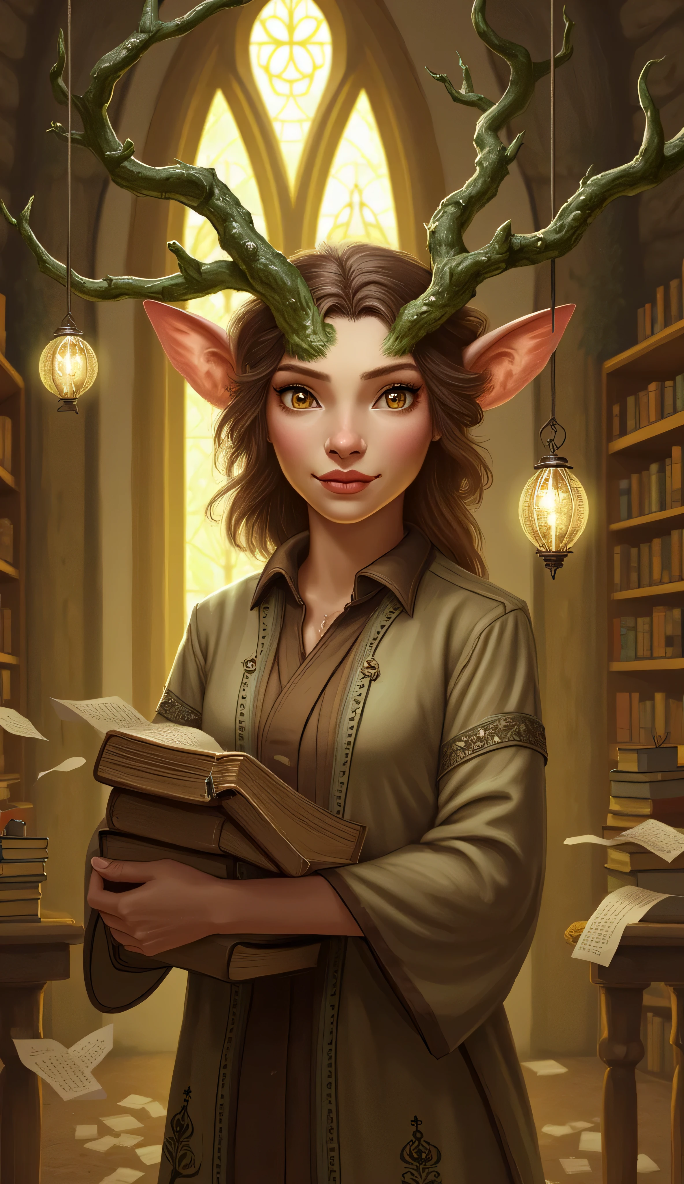 Firbolg, furry, big nose, big nose, animal ears, 1female, beige skin, brown hair, brown eyes, almond-shaped eyes, Asian facial features, librarian, cozy library, delicate antler-like horns, soft mossy hair, subtle green highlights, smooth skin with hints of bark texture and natural earth tones, comfortable earth-toned robe decorated with embroidered leaves, carrying a stack of old glowing books, library is filled with towering wooden shelves, creeping vines, soft golden light filtering through stained glass windows, calm wisdom and kindness, surrounded by floating pages and softly glowing orbs, high-resolution, fantasy art style, warm atmosphere, detailed environment