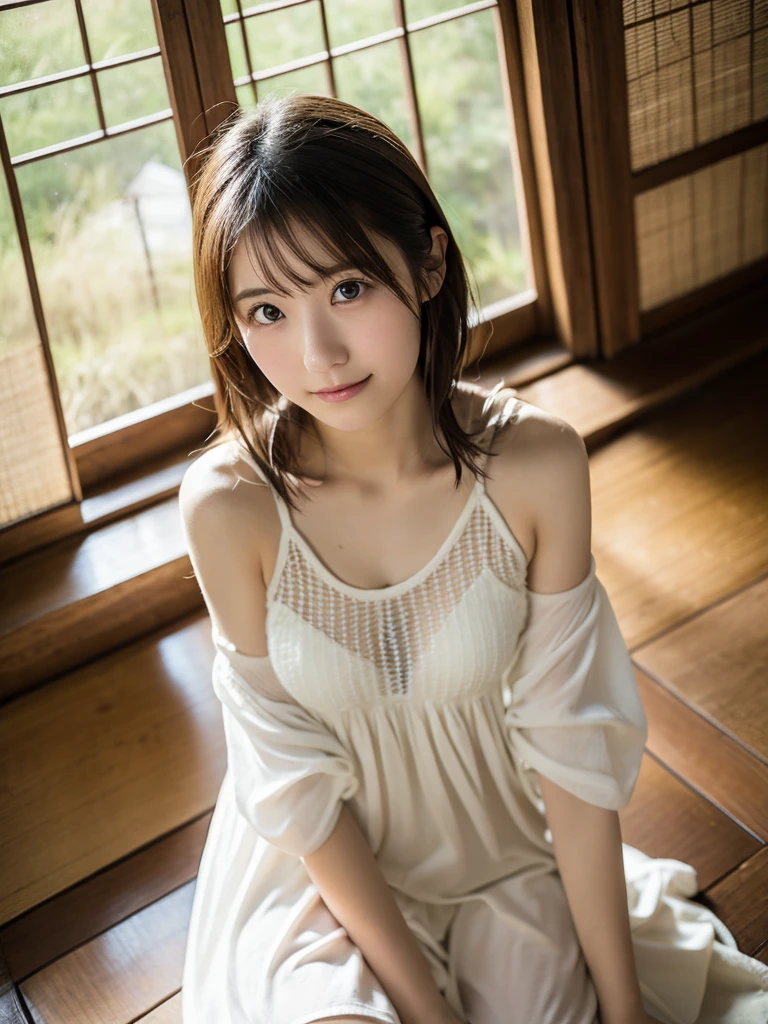 Browsing Caution、Highest quality、8k、No makeup、masterpiece、クリアなphotograph、Ultra-high resolution、Realistic、Professional Lighting、Natural light、photograph、smile、Ultra slim、Delicate body、very cute、The cutest Erina Mano、Idle class、White skin、(Small breasts:1.6、Flat Chest:1.6)、Wearing a white shirt:1.8、Lean forward:1.6、Her cleavage is visible:1.8