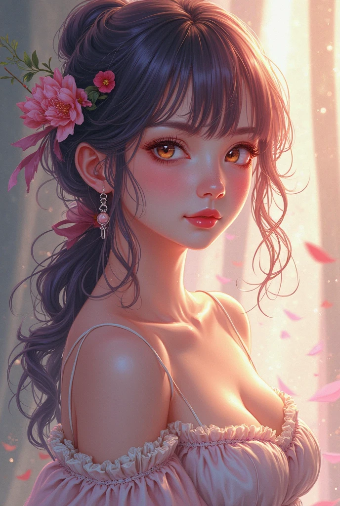 A 20 year old long pink mix black (gradations) haired woman, curly hair style, pink jewelry sharp eyes, with dragon horns on top of her head and pink roses flowers against her horns. look graceful yet intimidating. wearing a fancy dress with beautiful motifs. make it with pink flower background and in anime style