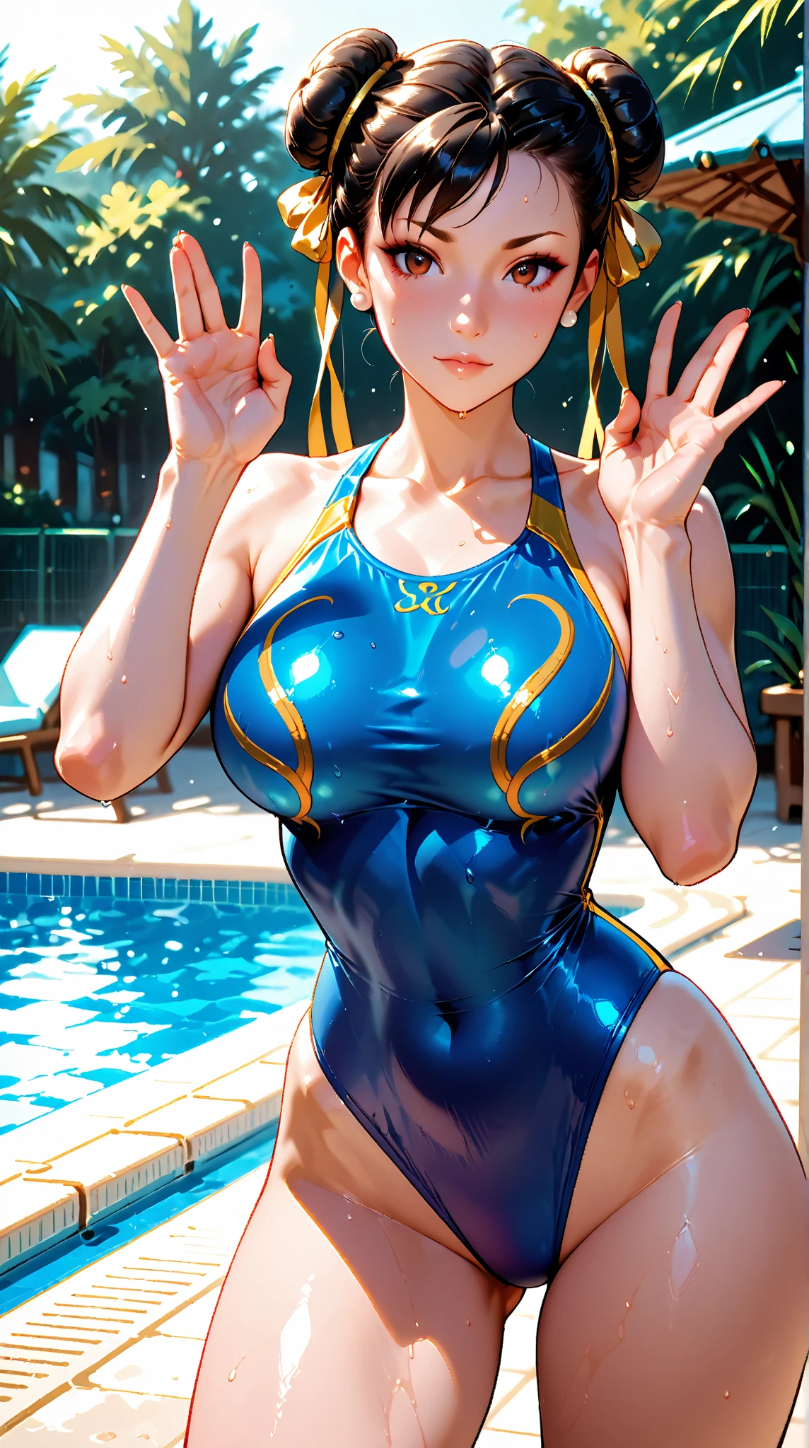 (Masterpiece), (HD), (High Resolution), (Best quality and very detailed), (Perfect Anatomy), (Fantasy Genre), (Anime style), (Highest resolution and Quality), (character alone, solo)
{{(1character:60years old lady milf citizen:(messy hair tied in a medium messed ponytail, fair skin, blue eyes, sweet open smile, happy carefree expression, Big breasts, nice figure, Beauty mature feminity, beautiful arms, beautiful legs, delicated features),((blue yellow and pink one-piece swimsuit), (yellow heeled shoes) yellow ribbon in the hair holding tje messed-ponytail),(gentle posture, sweet cheerful demeanor, feeling clumsy, sweetness and love, showing her butt with erotic movements),(morning at central park, United States city, summer season, central para New York))}}