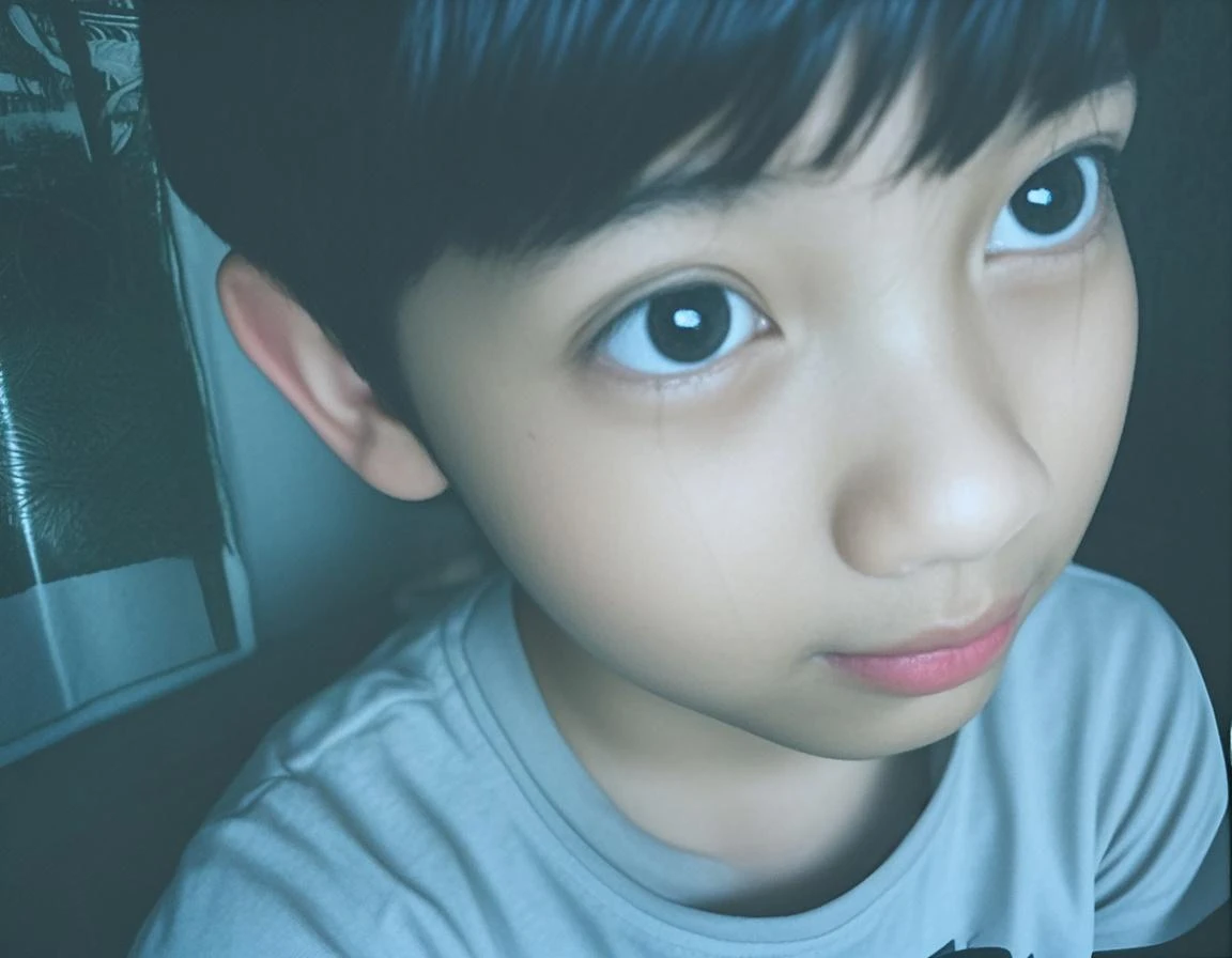 there is a young boy that is sitting down with a cell phone, ayan nag, 2 years old, reyyan, close up potrait, help me, with a sad expression, potrait, sad expression, very very low quality picture, boy with neutral face, serious sad look in his eyes, nivanh chanthara, riyahd cassiem