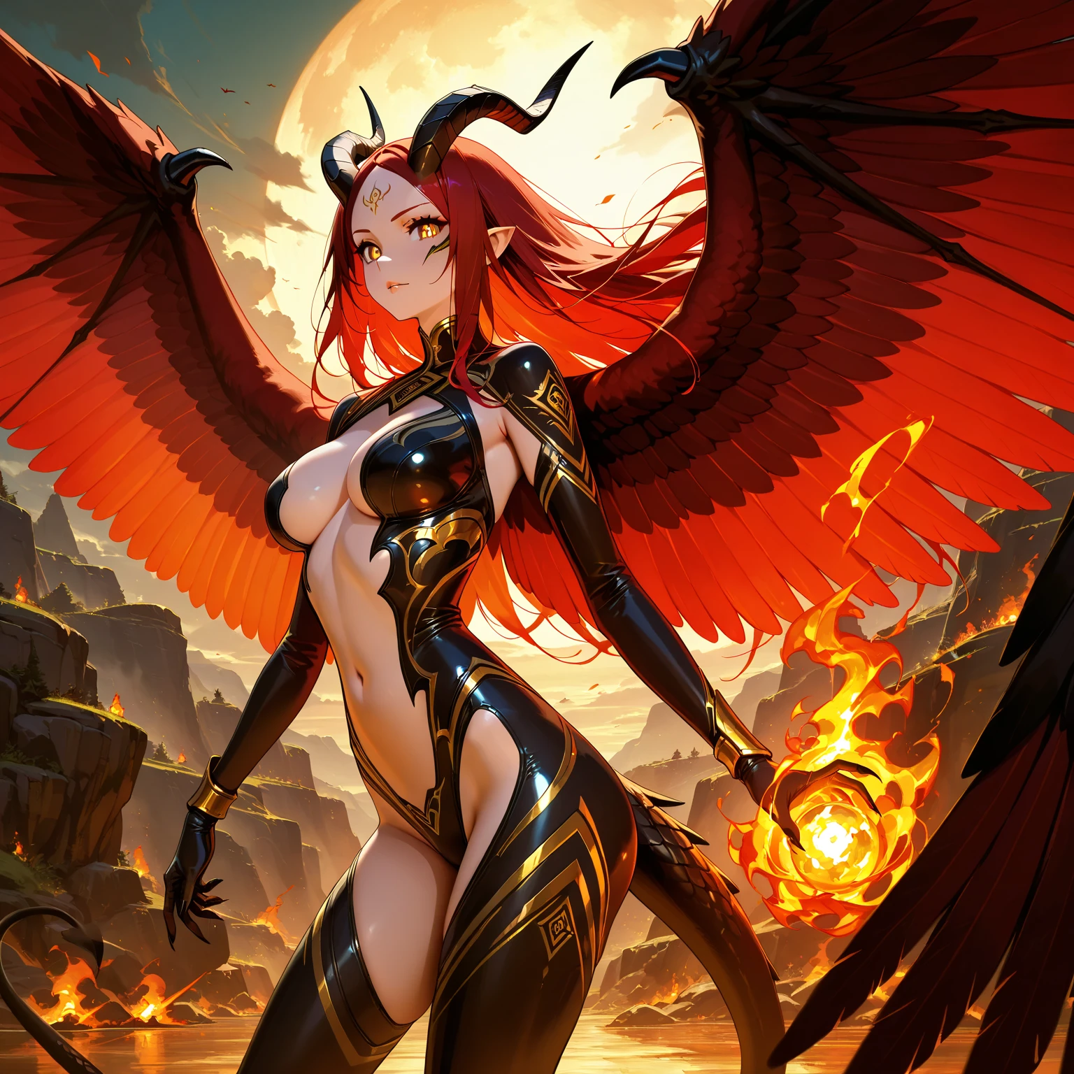 Red Phoenix humanoid, beautiful female, chubby, flames on body, huge wings, curly hair, flames, fire