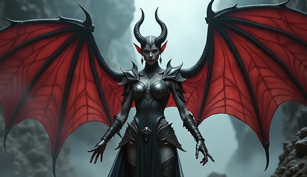 In this masterpiece, a stunning (sexy succubus warrior girl) stands at the center of the frame, radiating an aura of mystique and beauty. The ultra-detailed 4K image presents her in front of the ominous (huge gates of hell) (with a vortex of black mana), surrounded by the fiery crater of an erupting volcano. The volumetric lighting casts a warm glow on her porcelain skin, accentuating the intricate details of her (sexy demonic armor). Her straight black hair are beautiful, framing her charming smile and captivating cleavage. The spellbinding atmosphere is punctuated by (thunderstorms and flashes of red lightning) in the surreal dark sky, as if the very heavens are conjuring her presence. The composition masterfully balances depth and complexity, drawing the viewer's gaze to the perfect body, with its flawless anatomy and tantalizing pose. (Charming smile), (beautiful huge tits), (small black horns), (sexy black Armor), She has (2 large wings:1.5) on her upper back. (2 tall black wings:1.3). (2 tall symmetrical wings:1.3). (Photorealistic), (Dark thème). (Russian girl). (Beautiful face), (Beautiful navel). (Large Sword of flames). (Sharp wallpaper). (Ultra detailled). (Very high qualité)