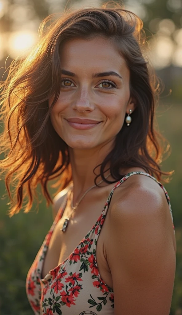 Photographie haute résolution d'une belle femme latine sexy aux cheveux bruns courts, beautiful lighting, Summer dress, facing camera, ultra realistic