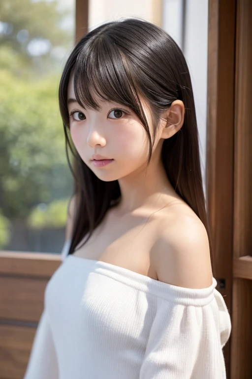 A high schoolnt sitting and looking away,Cleavage,A junior high student wearing a down blouse,14 years old,Big b Hair,Long Hair,(masterpiece:1.4),(highest quality:1.4),Close-up,Yoshitomo Nara,mayuri shiina, Beautiful Japanese girl face,Beautiful Asian Girl, yasumoto oka,Shot from above,Bird's Eye View