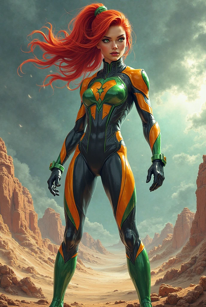 Animatrix style, ultra-realistic, cyberpunk, science fiction, character, feminine, ultra textured, perfect face. A beautiful red-haired mechanic has mutant powers, she is powerful and walks empowered in the middle of a mutant suburb. Her clothing has dark red, dark green and dark yellow colors.