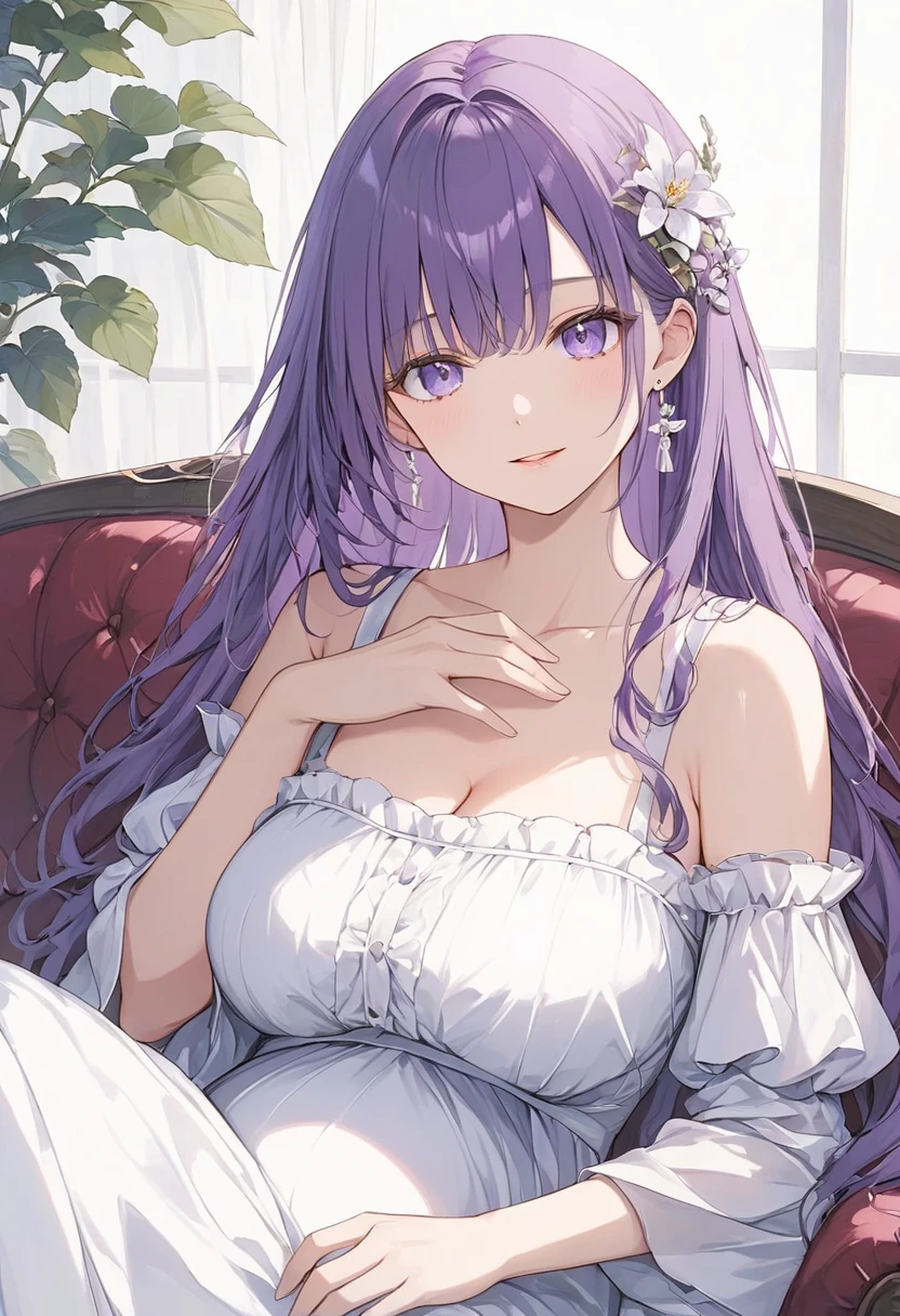 1 person、Mature、Ample breasts、Purple Hair、Long Hair、ponytail、Voluminous hair、Emerald green eyes、self-healing、Earrings、No clothes、Nothing to wear、naked、Nipples、Embarrassing、Sit on the bed、look at me、Sweat、blush、Look to the side、Nipplesを摘む、Lift the chest、High resolution、Highest quality