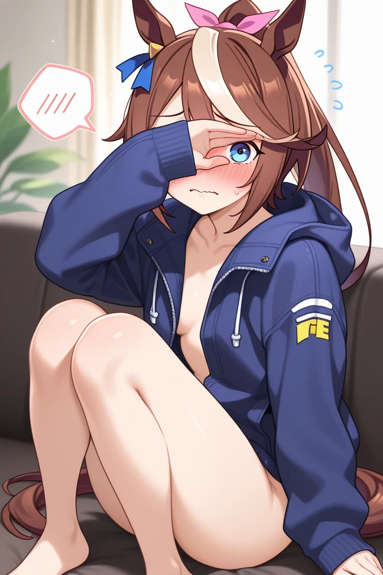 amicia michella - nijisanji, anime style, 1boyl, brown short hair, yellow inner hair, wavy hair, green eyes, detailed eyes, midriff, girly face, seductive, thin lips, painted lips, shy smile face, wide hips, thick thighs, huge round ass, full flat chest, bulge, bunny ears ornament, black bunny suit, high-neck collar, bow tie, thigh high, garter, full body, dynamic pose, office, nsfw
