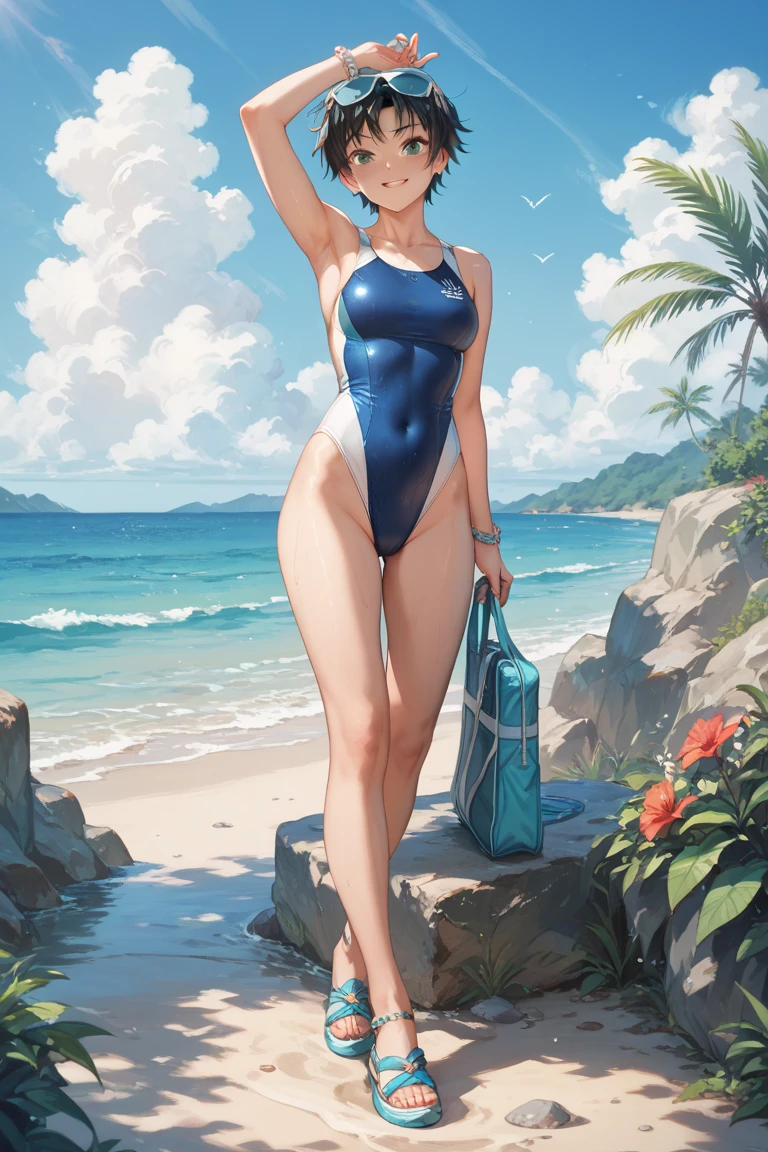 (high quality, High resolution, Very detailed, reality:1.37), Peaceful atmosphere, (Sandy Beach), Teenage girl standing alone, (my breasts are big.), Beautiful details, Cute Smile, (Black bob hair), Floral print one piece swimsuit, barefoot.