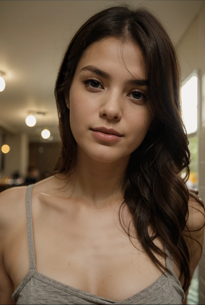 cute sexy 18 year old girl with medium breasts, small-nose, cara fina, con pelo largo color cafe oscuro y piel bronceada