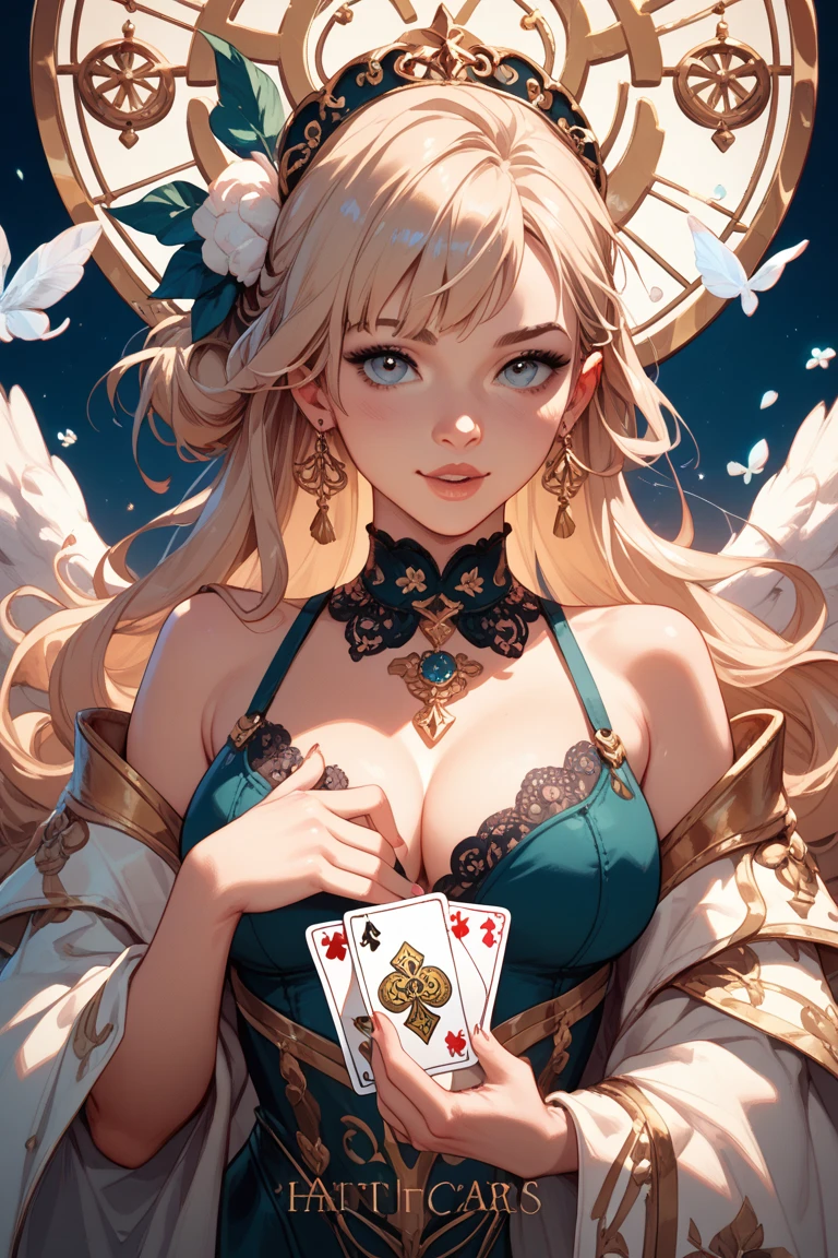 Arafed a picture of a female angel playing poker at gambling table, she sits near the table holding some cards, exquisite beautiful female, ultra detailed face, (best detailed face: 1.3), dynamic eye color, dynamic hair color, dynamic hair style,, wearing elegant evening dress, (wings spread behind her: 1.3), gambling table at a casino background, vibrant, Ultra-high resolution, High Contrast, masterpiece:1.2, highest quality, Best aesthetics), best details, best quality, highres, ultra wide angle, 16k, [ultra detailed], masterpiece, best quality, (extremely detailed),