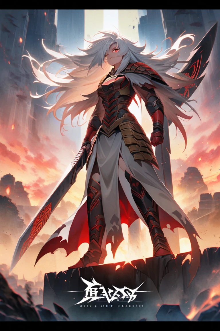 Edelgard in full decorative armor flying through sky with axe held across body, golden axe preparing to slash, surreal background. Intricate red gold armor, red gold cape with collar, golden crown, jewels, blood spatters, rocks being thrown up piles of dead, fire