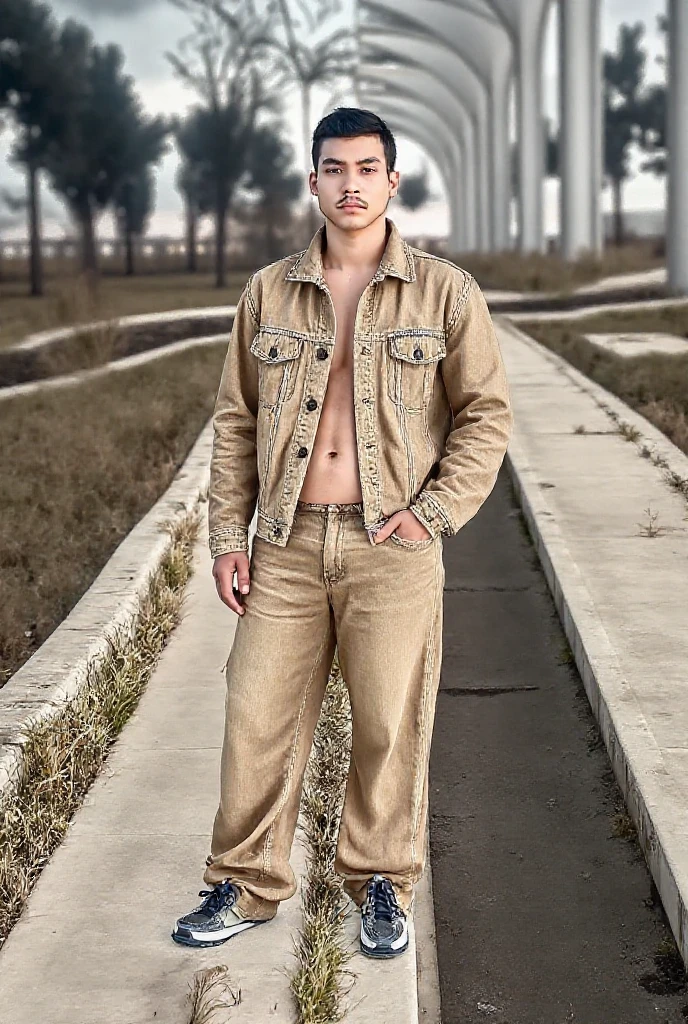 HD quality, high definition, male 18 years old handsome, muscular and slim, red lips, leaning against haystacks, ((exposed Vagina)), model with bracelets, dangled earrings and Necklace, sexy nude with shoes, ((male only)), wearing farmer’s hat and long boots, holding a rope, very handsome, wearing open vest, inside nippa hut, on a valley farm, very oily body that shines