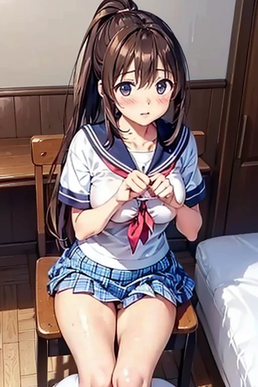 Ultra-detailed, High resolution, (Realistic, Realistic: 1.4), Kumiko、8k, RAW Photos, (Tabletop), (Highest quality), Physically Based Rendering, student,、Sandy Beach, _white_shirt、burnt skin、Brownish color、Kumiko Omae、loose socks,Big Breasts。Long black hair