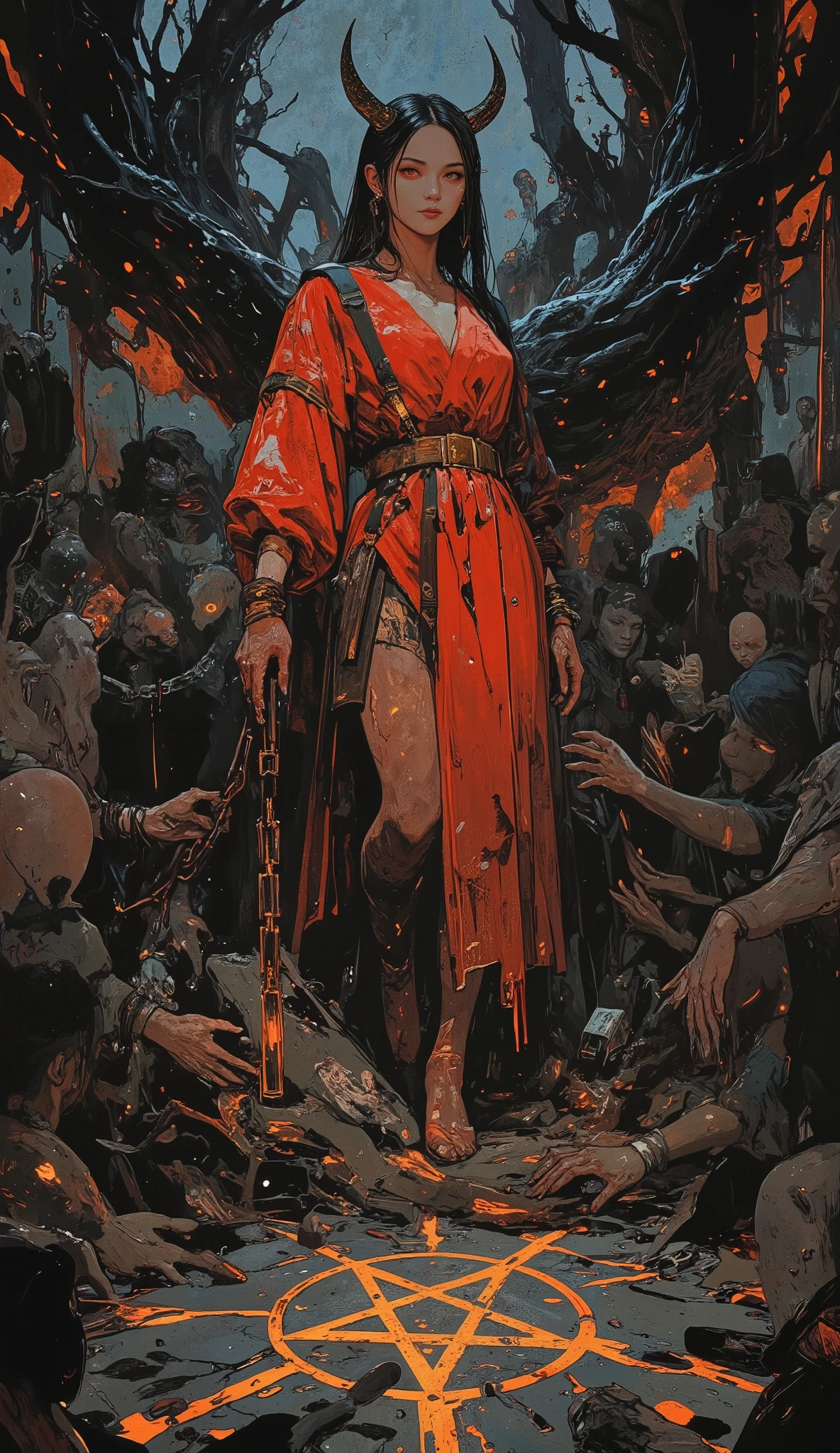 A young woman stands atop a throne of molten stone, surrounded by coiling black vines that pulse like veins. Her skin is pale, glowing faintly against the gloom, while curved obsidian horns rise from her brow like a crown. She wears a robe of red silk and leather straps, draped in such a way that it both reveals and conceals—dangerously elegant. Her eyes are golden and sharp, her smile knowing, as if she sees the truth you try to hide. At her feet, broken chains still glow faintly with fire. Around her, shadowy figures reach toward her, their faces obscured, bound not by force, but by desire. A pentagram is etched subtly into the stone beneath her, cracked and glowing like ember runes. She is not the captor—you are the one who stays. No text. No symbols. Just her.