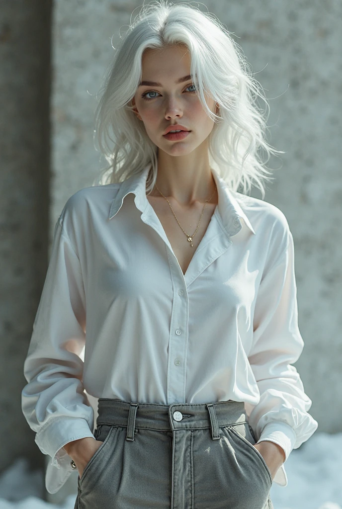 realistic photoshoot , pretty girl, one girl, attractive whitish light blue eyes, teenager, silver hair, Koko jormungand, business clothing, skirt, realistic photograph