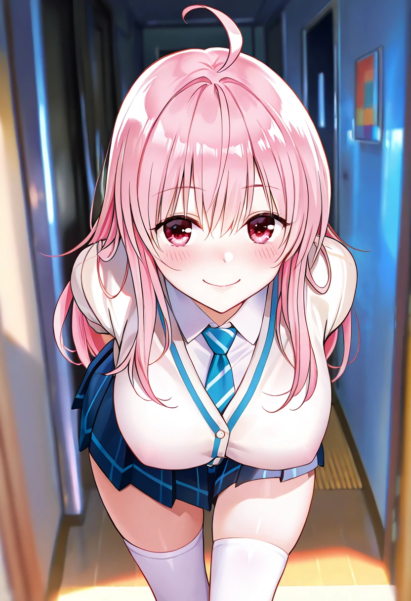 ((solo)), maximum masterpiece, amazing quality, absurdres extremely, HDR, highles, vivid colors, flawless smooth skin, very cute face, very cute girl, long hair, large breast, ahoge, pink hair, white cardigan, collared shirt, necktie, pleats skirt, thigh-high socks, bent forward, Put your hands behind your back, smile, blush