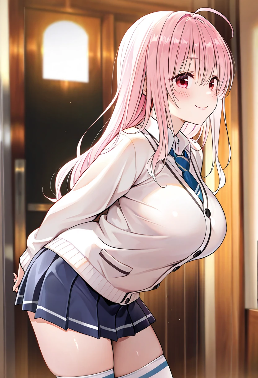 ((solo)), from side, maximum masterpiece, amazing quality, absurdres extremely, HDR, highles, vivid colors, flawless smooth skin, very cute face, very cute girl, long hair, large breast, ahoge, pink hair, white cardigan, collared shirt, necktie, pleats skirt, thigh-high socks, bent forward, Put your hands behind your back, smile, blush