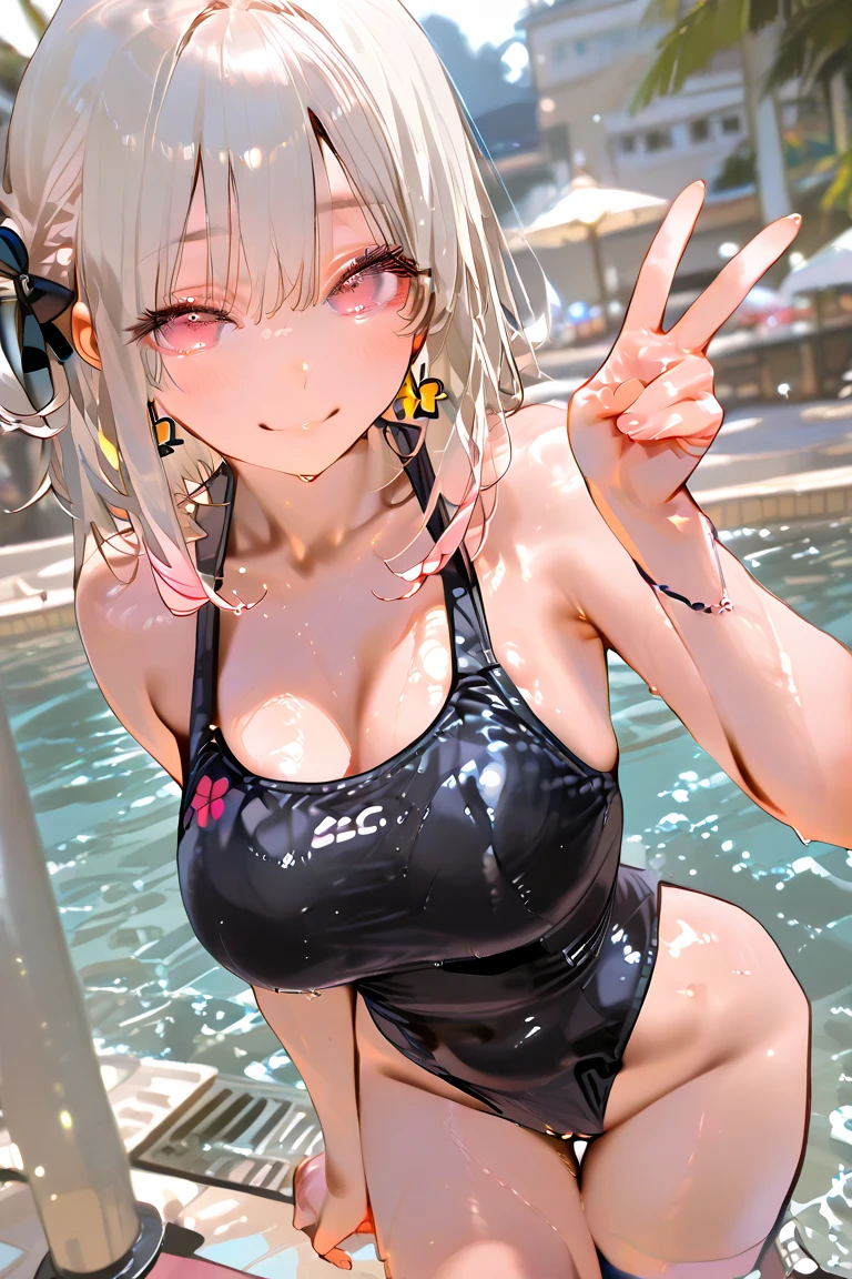 (JAV Cover:1.8、Large title text:1.8), high quality, Very detailedな, Crazy Details, 4K quality, high quality, Tabletop, 最high quality, Very detailed, shape, 、 Indiasug nr, (Sharp focus: 1.5), (Moody lighting:1.2), Written boundary depth, Bokeh, 4K 、High resolution, Very detailedな, Very detailedUnity 8k 壁紙, Realistic, Photorealistic, RAW Photos, beautiful and Detailed face, White skin, Realistic glowing skin, High-quality fabric, Detailed hair texture, Perfect body, Beautiful Face, Acura, Anatomically correct, highly Detailed face, Eye and skin texture, Natural neck length, (Beautiful Eyes), (Beautiful Hands), (Shiny skin:1.2), Thin legs, Thin legs, Knowledgeable person、Detailed face、Detailed Background、 (Live Action、Intricate details)、blonde、short hair、 night、night、Pink Neon Light、 Dark and cold lighting、Tropical style、Holographic Color Sexy Bikini、Big Breasts、Big Breasts cleavage、 Playing in the pool、 Dramatic Compensate、Compensate、Pinky Pink Lipstick、eye make up、mascara、eyeliner、eye shadow、Lilac Contact Lenses、 (((Wet body、 Sweat)))、(((The background is an example of a pool,,nightclub:1.5, nightclub pool party:1.5)))