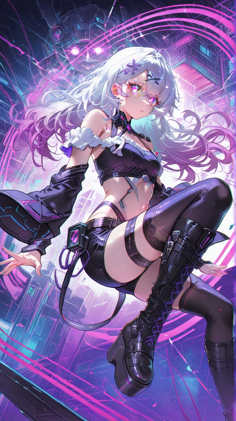 1 girl, pastelcolor, A brown-haired, Violet eyes, Hair up to the shoulders, ears of elf, Cyberpunk clothes, Shoulders open, Hands open, Slimming the waist, A happy smile with a long tongue sticking out, Long tongue, whole-length, legsupms, Reference, Anime reference, Reference roles from different angles, white backgrounid