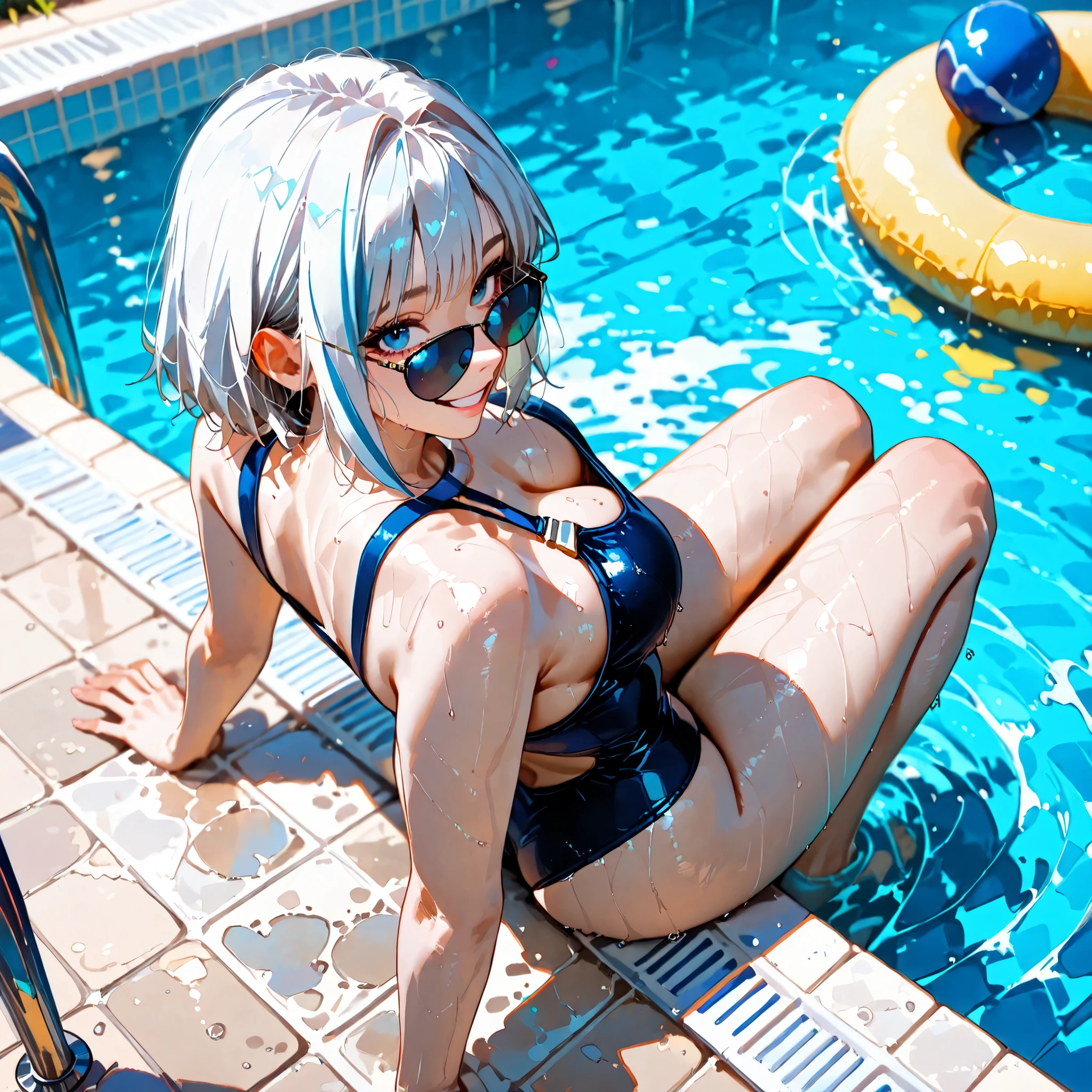 beret、Zinkar, cameltoe:1.4、((long gloves:1.3))、brown loafers、black calf length socks、Open your thighs wide to the left and right、squat on the ground、Show off your crotch to the viewer, ((latex old school swimwear:1.3、sit, spread your legs:1.3, arms behind head ))、12 years old、absurd、bob hair、fine hair、flat lighting、elevation angle、sexy pose、highest quality、Complex、surreal、perspective, very detailed, detailed background, figure、1 girl、alone、small breasts、light smile, embarrassing, blush, Poolside, (Sweat),