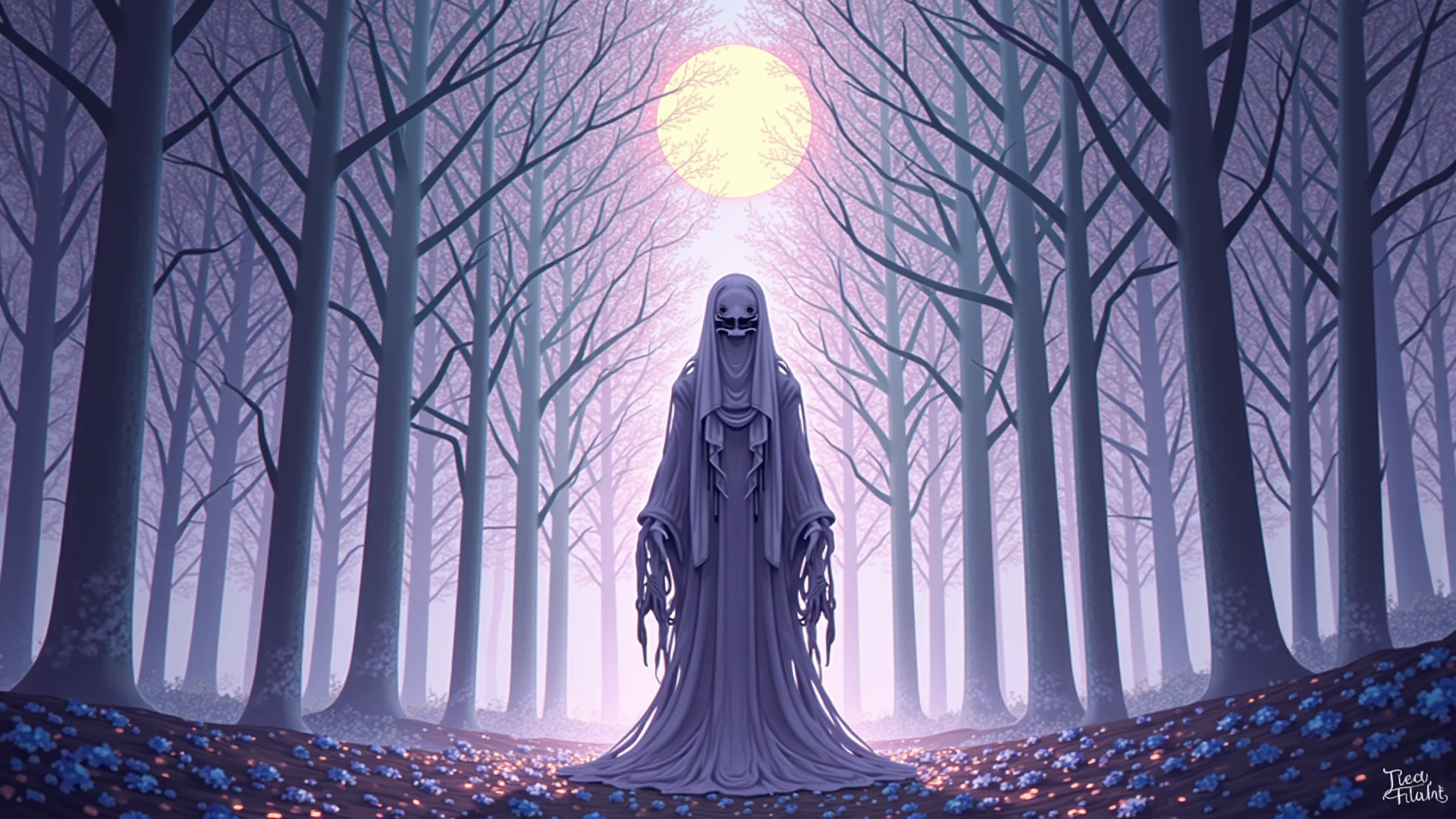 very detailed floating ghost, transcucent purpleish ghost in a extremely detailed cemetery, creepy, mysterious, dark scene, mist, HR Giger