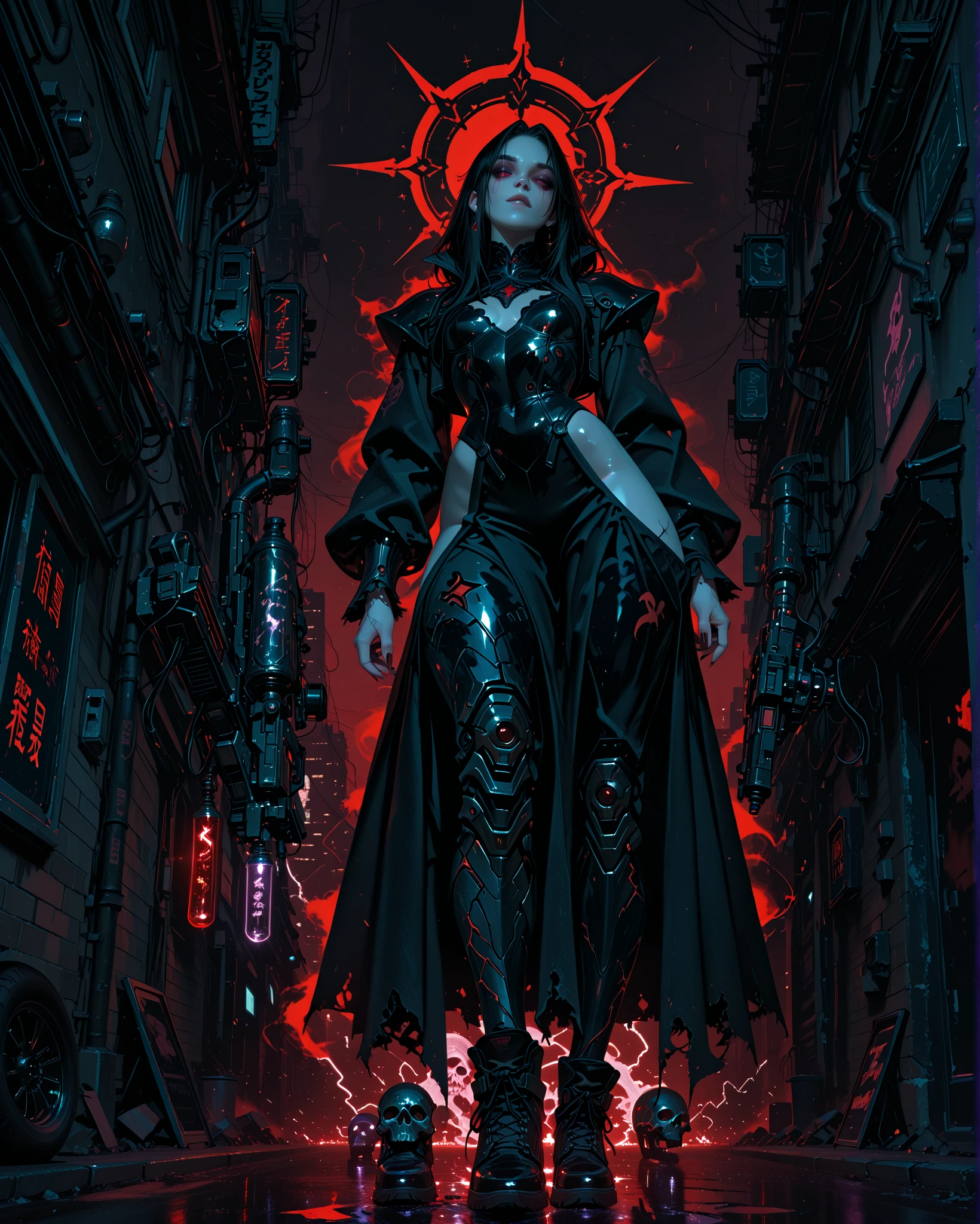 a close-up of a woman in a leather outfit in front of a cross, gothic horror vibes, artwork in the style of guweiz, cyberpunk horror style, goth girl aesthetic, dark and horror style, Gothic aesthetic, ominous Gothic aesthetic, Guweiz, cruel korean goth girl, Gothic aesthetic, gothic - cyberpunk, dark cyberpunk illustration, by Yang J