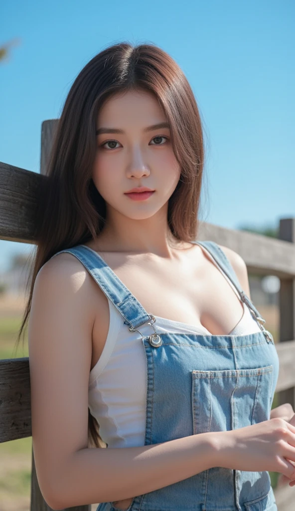 A young woman with a beautiful face, a slender figure, and black-brown hair , in overalls only to reveal cleavage and cleavage. jewelry necklace, medium long body shot , garden public background