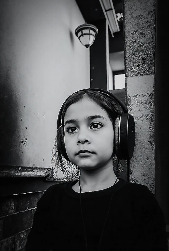 BLONDE CHILD GIRL USING A HEADPHONE , com longos cabelos cacheados e uma camisa preta,loira, bnw photo session, shot in the photo studio
