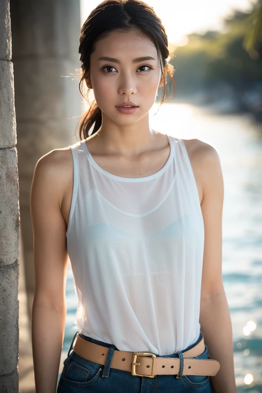 ((top-quality、8K、masterpiece: 1.erfect Body Beauty: 1.4、Slender Abs: 1.2、Beautiful woman with slender abs:1.3、(Highlight Haircutreast B Cup:1.2), medium breast, round shape breast, perfect shape breast, ((( wear wet T-shirt, wide neck))) (((black strap on shoulder))), pubic hair,hight pubic bone, necklace, hyperdetailed face、18year old、 Pretty women、(Dark brown short-cut hair), Slim Face、Highly detailed facial and skin texture、very detailed lips、opens legs、top-quality、masterpiece、超A high resolution、(Photorealsitic:1.4), walked forward confidently, long shot , (outdoor), bright background, sunset light,