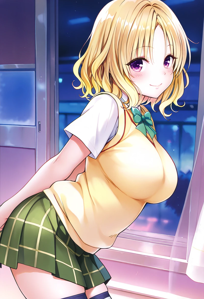 ((solo)), from side, maximum masterpiece, amazing quality, absurdres extremely, HDR, highles, vivid colors, flawless smooth skin, very cute face, very cute girl, large breast, short hair, blonde hair, wavy hair, parted bangs, purple eyes, green skirt, plaid, plaid skirt, sainan high school uniform, school uniform, skirt, sweater vest, thighhighs, yellow sweater, short sleeves, bow, green bow, thigh-high socks, bent forward, Put your hands behind your back, smile, blush, ((rating_safe))