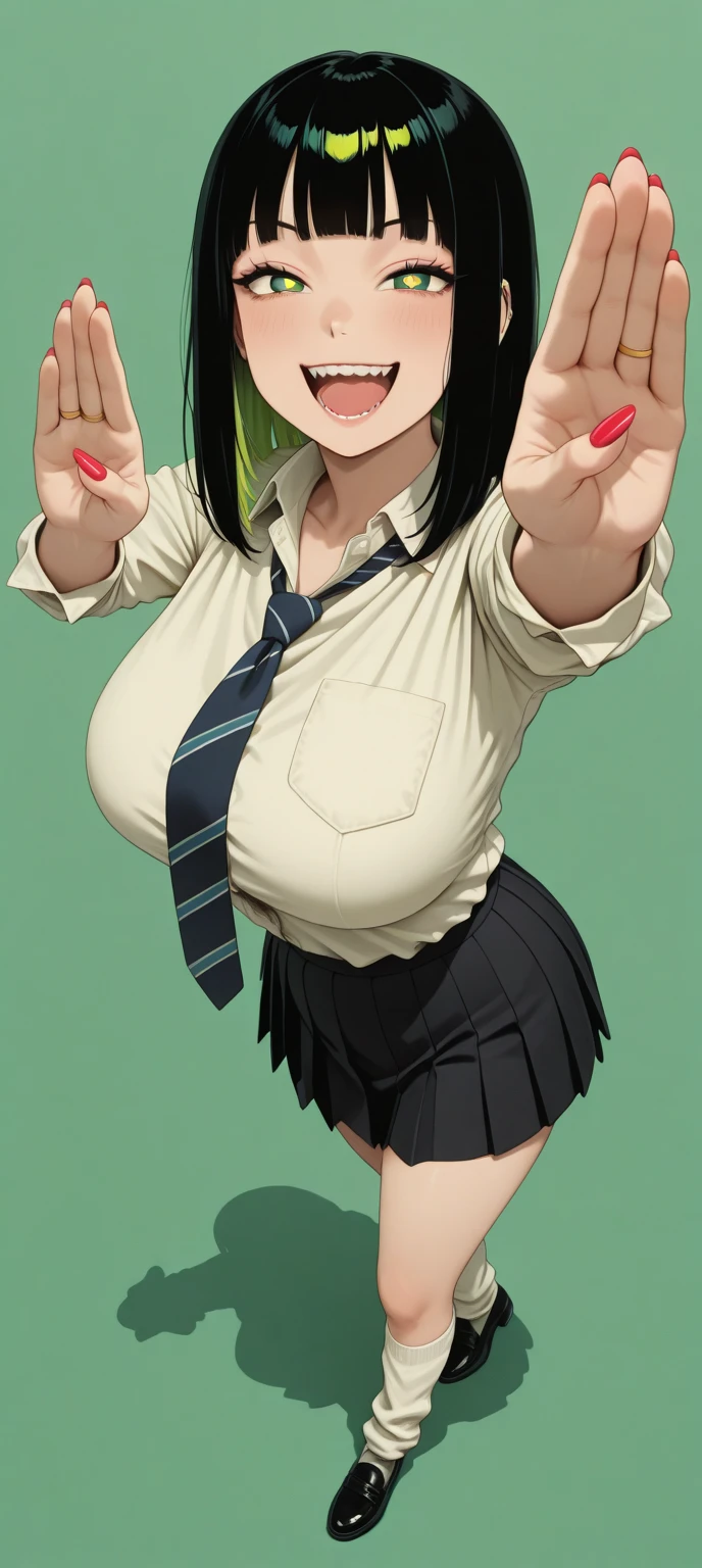 Demon Ninja Asagi、Asagi Igawa、Black Hair、Eyes are green、Long Hair、Huge breasts、White shirt、mini skirt、Cleavage、Licking gesture、smile、Sexy pose