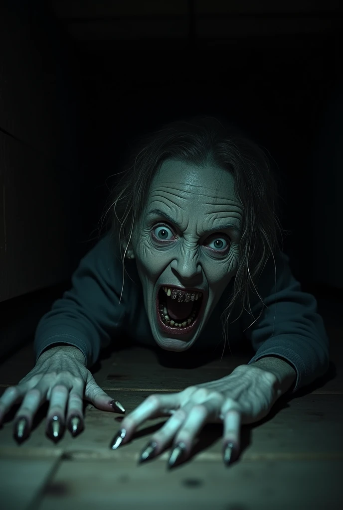 make a creature that looks like a horrible woman with big nails, with his deformed face with his mouth sewn shut and sunken eyes in an old abandoned house going after three teenage men