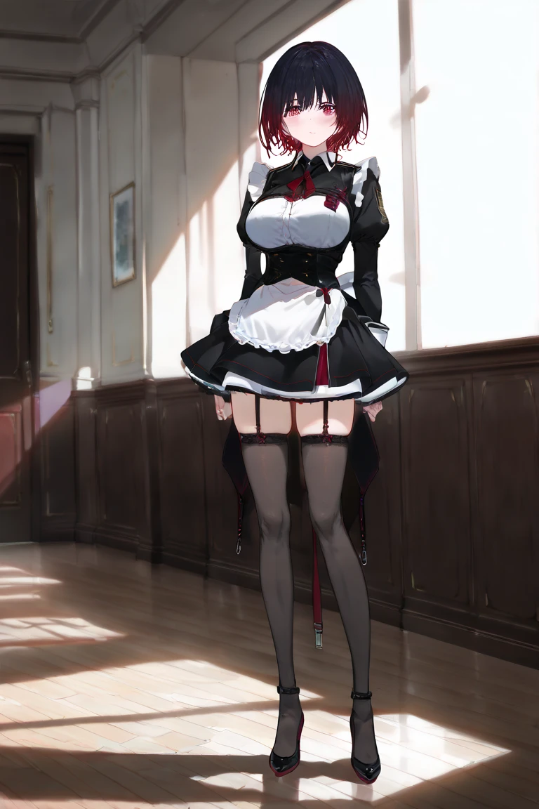 <lora:stellaVermillionChivalry_v20:0.82>,stella vermillion,school uniform,(garter straps), (black thighhighs),cross-laced footwear,<lora:Korean-doll-likeness:0.35>, (ulzzang-6500-v1.1:0.4), (pureerosface_v1:0.9), realistic, (photorealistic:1.5),masterpiece, best quality, highly detailed,big smile,((looking back)),(going up stairs),((((from below)))),((((upskirt)))),large breasts,cosplayer,in stairs,