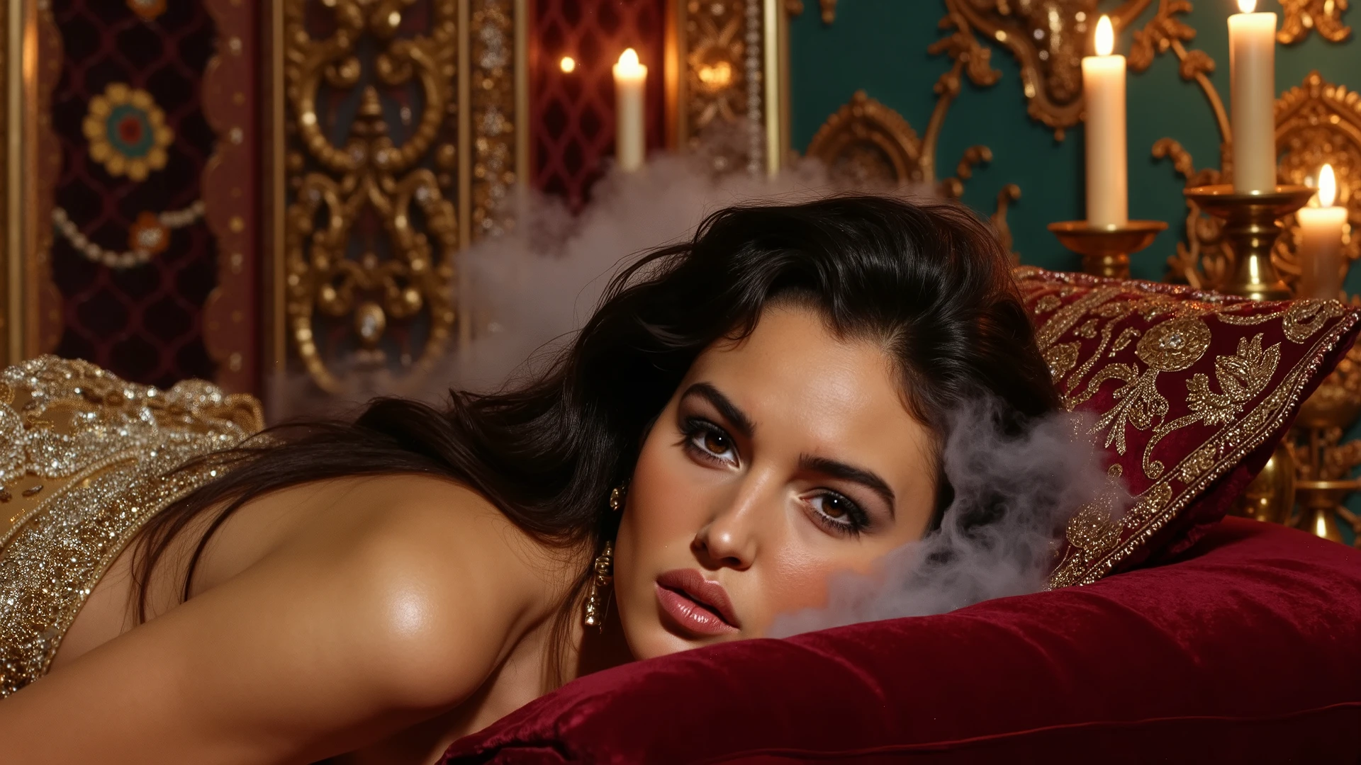 The image features a captivating fantasy woman enveloped in a mesmerizing environment that harmoniously blends Middle Eastern ornaments with intricate illustrations. She is nestled within a lavish Ottoman harem chamber, where the walls are adorned with intricate tile work and luxurious textiles that cascade gracefully, creating an intimate yet opulent atmosphere. Ethereal fumes swirl around her, emitting a dreamy haze that softens the vibrant colors and enhances the enchanting essence of the space. Flickering candlelight dances through this mist, illuminating ornate features like carved wooden screens and plush, embroidered tapestries, all embellished with shimmering accessories, jewels, and sparkling decorations that enrich the scene's depth.
At the center of this enchanting tableau, the stunning fantasy woman reclines gracefully on a deep burgundy velvet cushion, her elaborate harem garment designed to reveal her form while maintaining an air of modesty. Her sorrowful deep brown eyes, glistening with unshed tears, draw the viewer in, forging a poignant connection that resonates through the rich textures and intricate details surrounding her. The interplay of beauty and melancholy within this mesmerizing scene creates a powerful visual narrative, inviting contemplation and admiration while the emitting fumes add an ethereal quality that captivates the imagination.