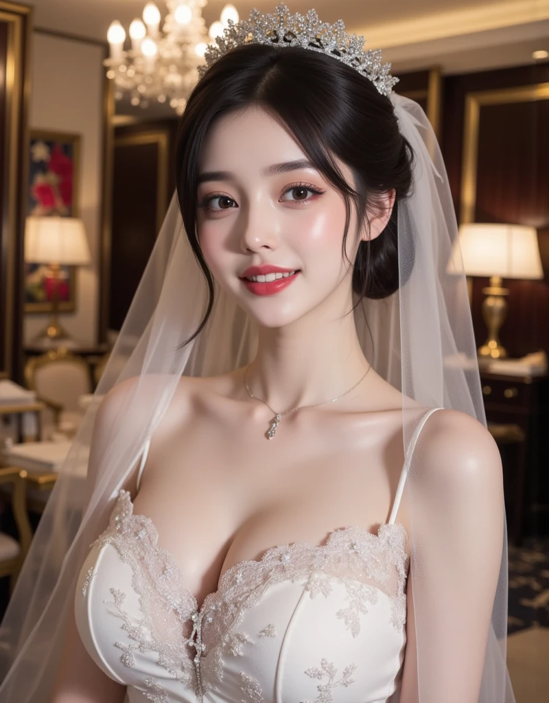 Untidy posture, (very delicate and beautiful work), (masterpiece), 1 girl, Girl in wedding dress, veil, lace, HD, ridiculous, charming expression, beautiful clear eyes, green eyes, delicate necklace, exquisite earrings, Simple background blur, Ultra-fine depiction, beautiful, attractive, Ultra-fine painting, delicate face, Exquisite figure, Thin Clavicle, beautiful lips, Meida, Soft back, Mix 4, ( 8k, original photo, best quality), masterpieces: 1.2), (actual, photoactual: 1.37), single girl, Lovely, city View, night, professional lighting, photon mapping, Radiosity, Physically based rendering,Big breast,Big breast,