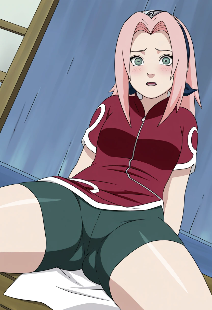 source_anime,
1girl, haruno sakura, pink hair, short hair, green eyes, sleeveless, red shirt, forehead protector,
simple background, white background, anime screencap, anime coloring, spread legs, legs up, pink pubic hair