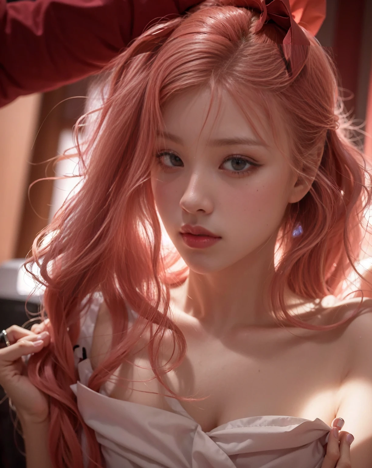 (8K, RAW photo, Photorealistic:1.25) ,( Gloss on lips, eyeslashes, gloss face, Glossy glossy skin, Best quality, 超高分辨率, Depth of field, color difference, Caustics, Broad lighting, naturalshadow, Kpop idol) tmasterpiece,Best quality,Portrait of 1girl,((best qualtiy)), ((tmasterpiece)), (the detail:1.4), 3D, hdr(HighDynamicRange),Ray traching,NVIDIA RTX,Hyper-Resolution,Unreal 5,Subsurface scattering、PBR Texture、post-proces、Anisotropy Filtering、depth of fields、maximum definition and sharpness、Many-Layer Textures、Albedo e mapas Speculares、Surface coloring、perfectly proportions、rendering by octane、Two-colored light、largeaperture、Low ISO、White balance、the rule of thirds、8K raw data、Raised translucent top, Smaller top, Smaller white lace shorts, Raised, Mature feminization, Flattering eyes, White lace translucent top,Flat bare abdomen, Snow-white thighs, White lace stockings, Bare arms, Mature charm deep V open neck,Long shiny pink hair, White lace translucent shorts perfect figure 9-head beauty body contains thunderbolt eyebrows golden red flame