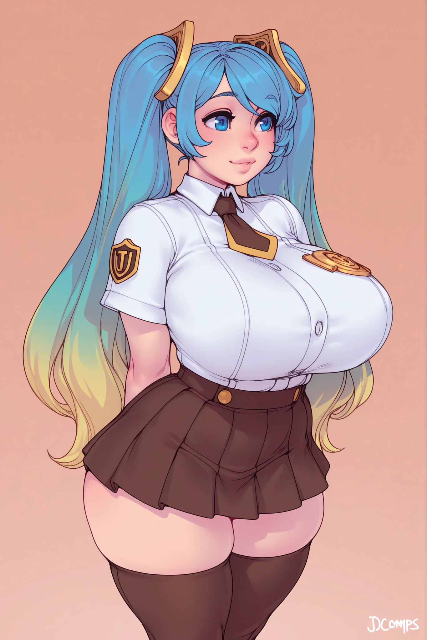 masterpiece, best quality, ultra-detailed, 1girl, sona buvelle, academy sona, school girl, brown pleated skirt, white short sleeve shirt, brown thighhighs, skindentation, arma behind back, simple background, huge breasts, shortstack, curvy, djcomps