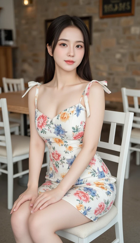 (On the veranda of a traditional Japanese house), masterpiece, light makeup, red lips, beautiful hair, (moderately fair:1.3), elegant, Very fine details, masterpiece, authentic texture, cinematic lighting realism, perfect work, 16,000, high resolution, Exquisite features, brown eyes, (Ultra-high resolution eye:1.1), japanese idol, beautiful face, (A gentle smile like a goddess), attractive, well-shaped breasts, beautiful cleavage,glowing skin, ((nude side slit floral dress:1.3)), break,bright big eyes, soft skin, earring, necklace, standing posture, (Ground Shots:1.2), (sitting on the veranda),(all four feet:1.3),(enlargement:1.2),from below, Lights on the face
