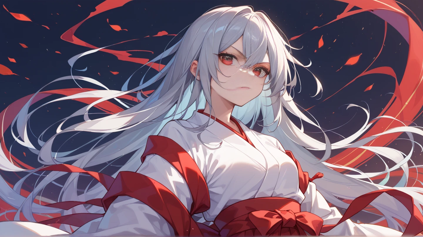 anime, woman, gray hair, White rabbit ears, red eyes, Moonlight night, full moon,long white robes, big breasts, strong, Facing the front