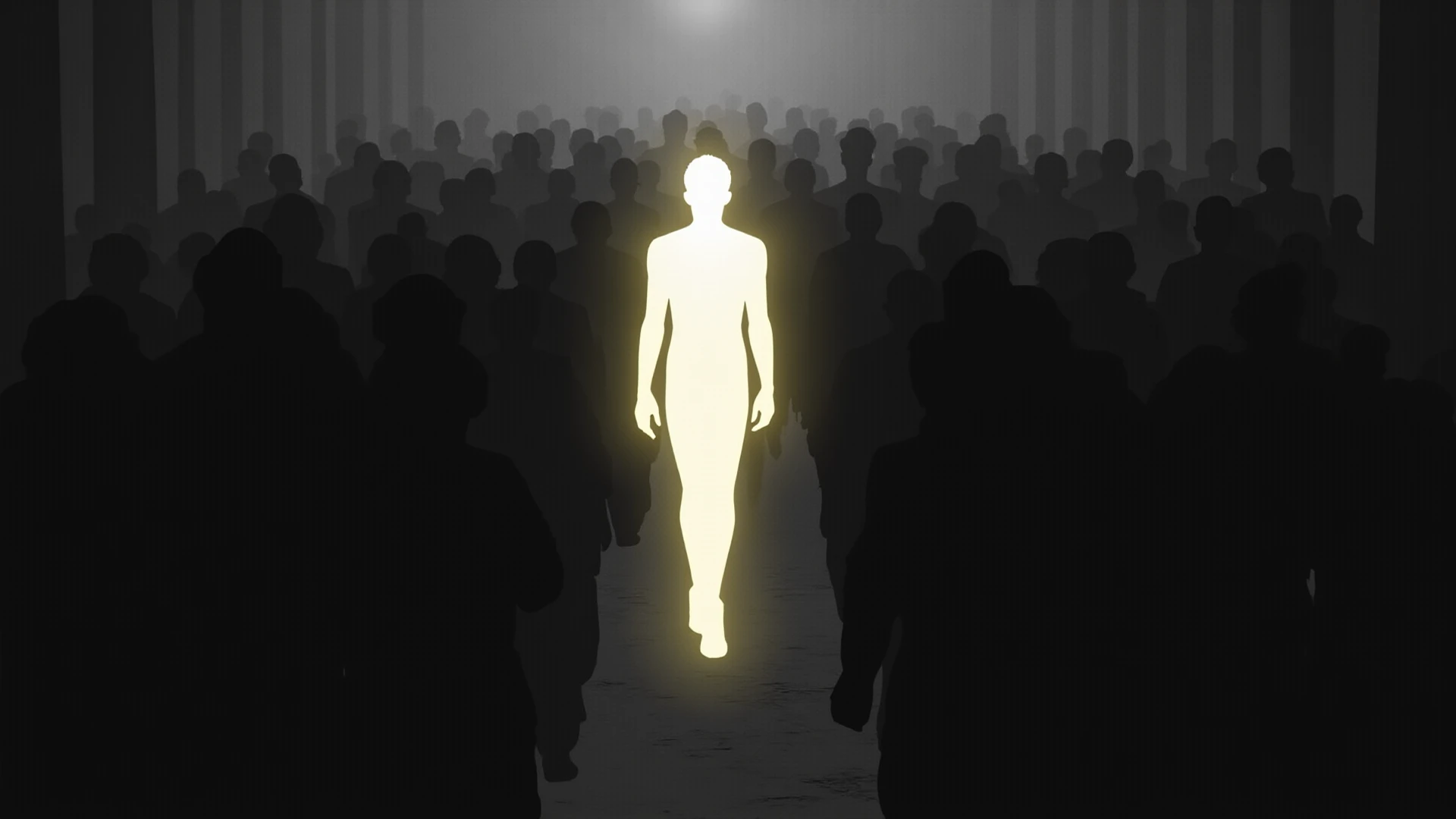 "Minimalist silhouette art in the style of Olly Moss, depicting a scene from The Emperor's New Clothes.' The emperor is in the center of the image, walking proudly, his nudity subtly suggested through the use of carefully placed shadows and minimalistic lines. His posture is regal, but the absence of any visible clothing creates a sense of absurdity. Surrounding him are silhouettes of onlookers, some pointing and whispering, while others look away in shock or embarrassment. Use a limited color palette with warm golds, deep blacks, and muted grays to contrast the emperor's imagined grandeur with the reality of his situation.