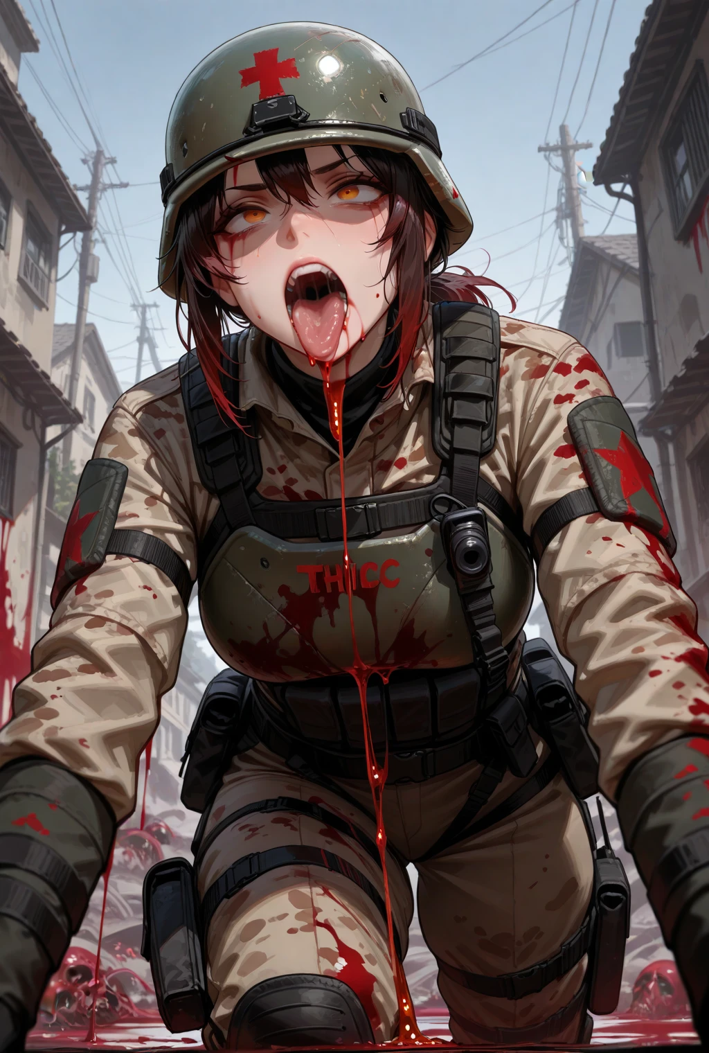 A female WW2 soldier wearing a WW2 military unifrom and WW2 helmet, she is standing there shell shocked and covered in blood, ((depressing)), defeated, looking at viewer, ((8k)), ((high resolution)), tears streaming down face, ((perfect eyes)), ((depressed)), drity, blood, ((dark eyes)), ((shaded face)), blood dripping from mouth, yelling, (((graphic)))