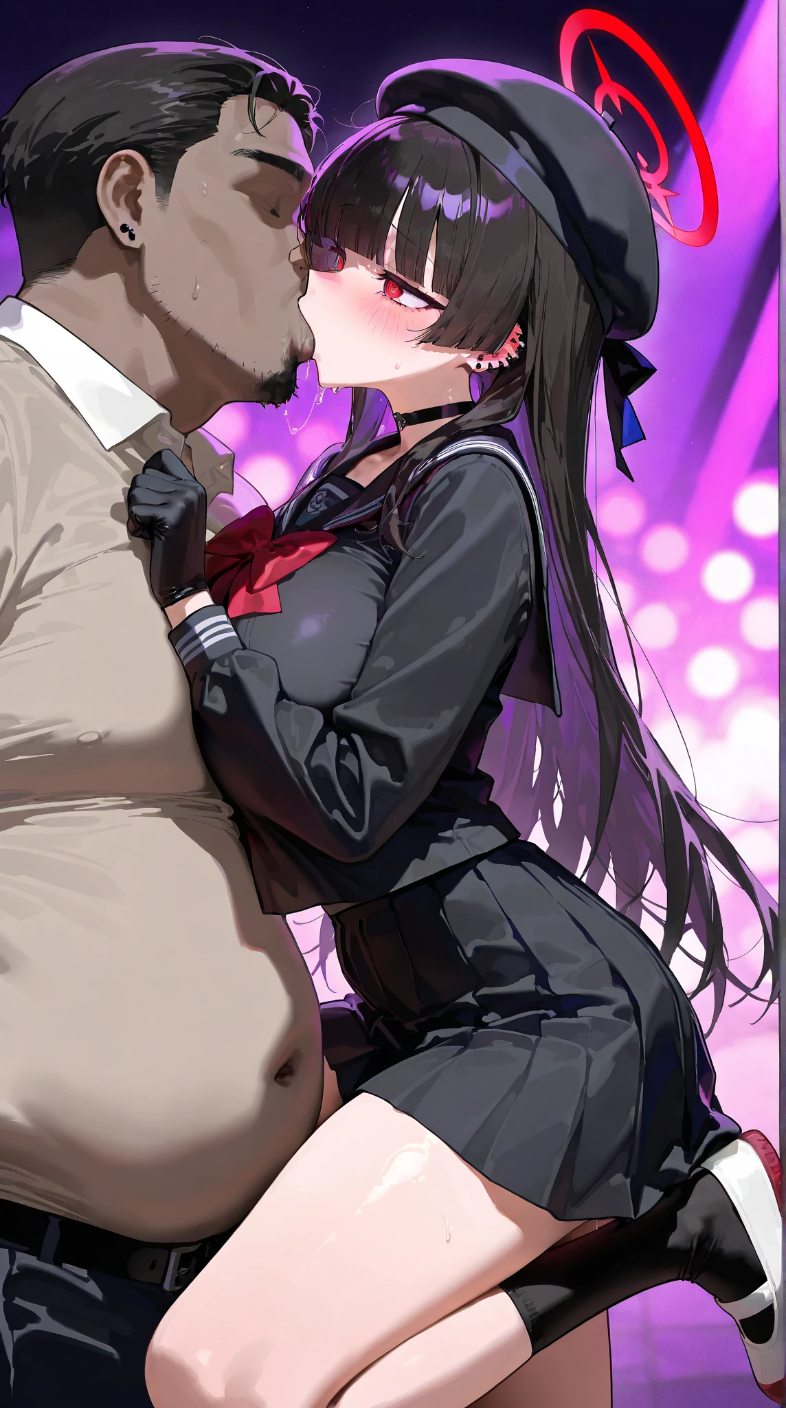 Young girl with black hair, long twintail,  twintail hairstyle, (blue eyes), ((small bushy eyebrows)), ( she pulling down her underwear), wearing lolita dress, lolicon , walking to school, flirty smile , suddenly having sex in public, ((doggy style sex)), ((public sex in a restaurant)) naked ass in the male crotch, ), perfect anatomy,(young boy fucking her)