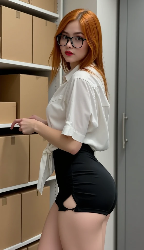 ((Best quality, 8k, Masterpiece :1.3)), Sharp focus :1.2, A pretty woman with perfect figure :1.4, Slender abs :1.2, ((red bob hair, big ass, small breast :1.2)), (high heels,White button up office short skirt :1.1), office view:1.2, Highly detailed face and skin texture, Detailed eyes, Double eyelid