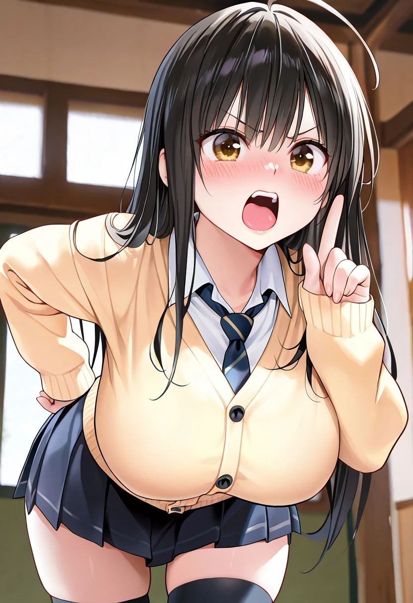 ((solo)), open mouth, point of finger, maximum masterpiece, amazing quality, absurdres extremely, HDR, highles, vivid colors, flawless smooth skin, very cute face, very cute girl, long hair, large breast, ahoge, black hair, yellow cardigan, collared shirt, necktie, pleats skirt, thigh-high socks, bent forward, hand on hip, angry, blush