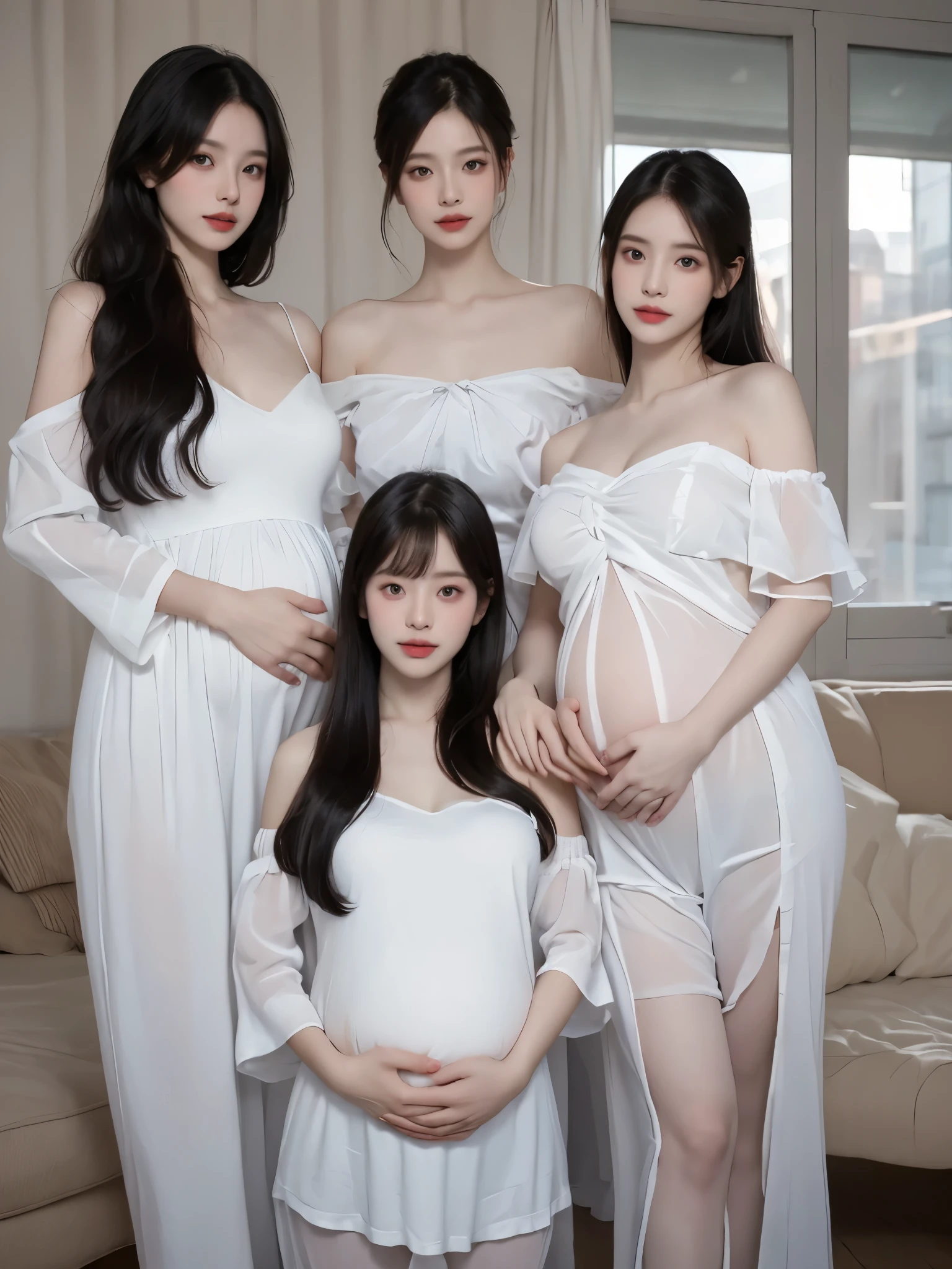 2 women,Mom and mother-in-law,35 years old,人妻 A pregnant woman,pregnant,pregnant,pregnant with twins,10 months pregnant,Pretty Face,Sexy body,Long hair,Wearing a white transparent off-shoulder dress,Sexy pajamas